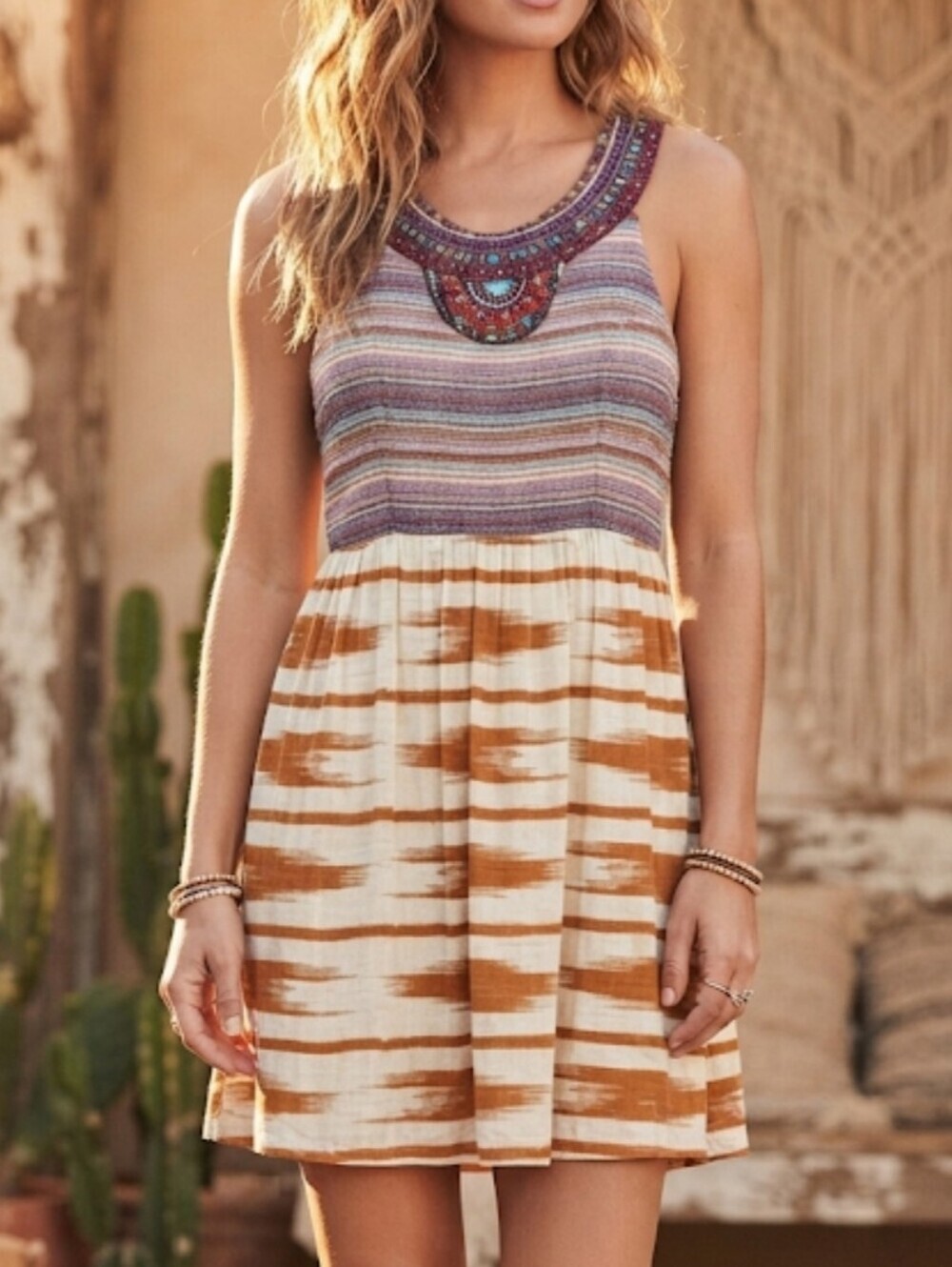 Lucky Brand Women Grexian Aztec Boho mini Sleeveless Beads dress sz L